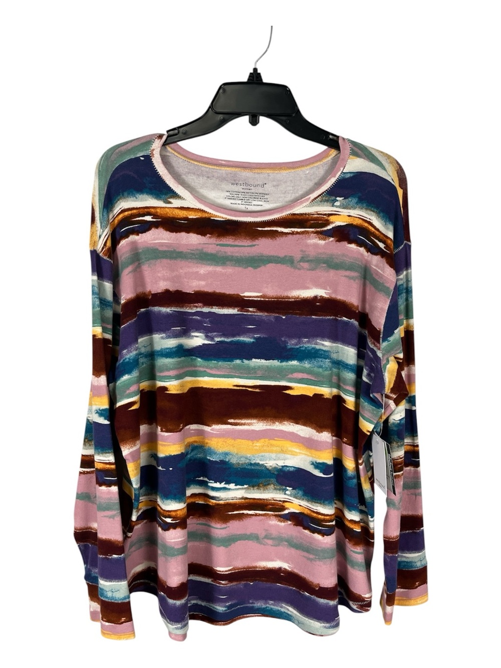 NWT Westbound 1X Abstract Stripe Knit Top Curved Hem Long Sleeve $44